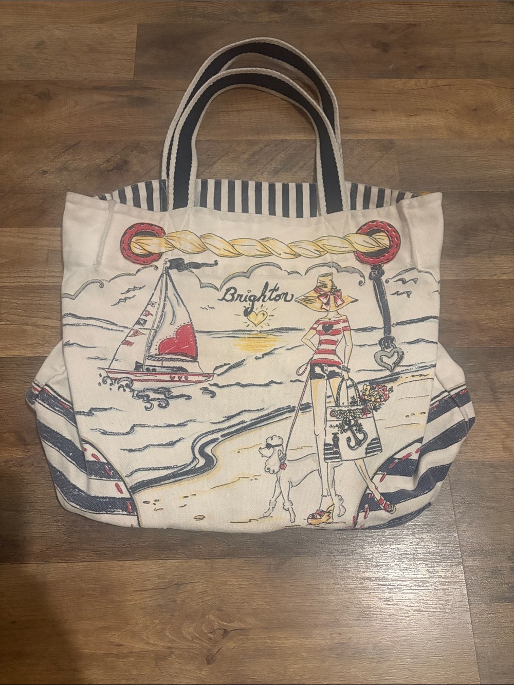 Brighton Canvas Tote in Cream, Navy and Red Accents